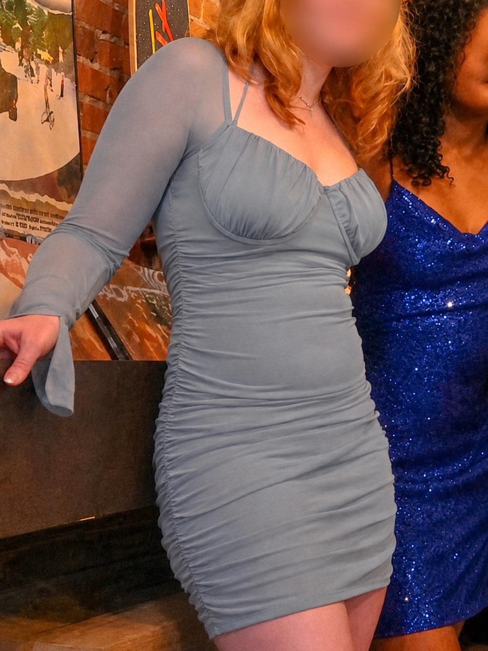 Garage Sage Green/Gray Long Sleeve Ruched Bodycon Dress, Size M